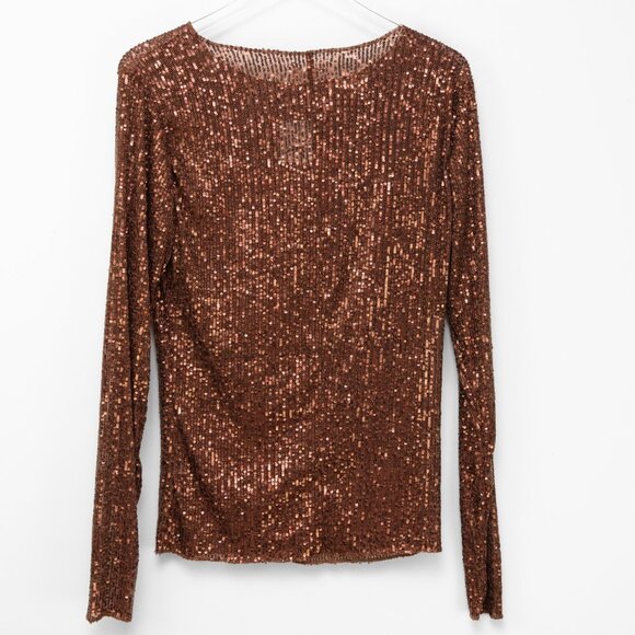 Free People Rush Top Long Sleeve Sequin Shirt Hot Chocolate Brown Size Large New - Picture 2 of 7